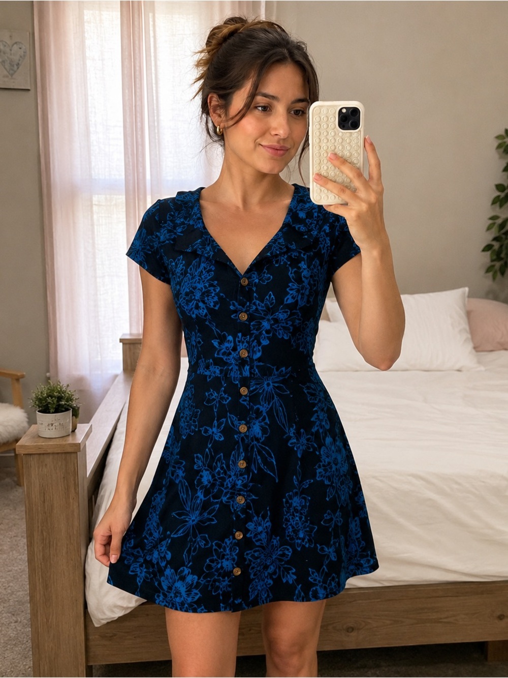 Free People Navy Blue Floral Button Front Mini Dress NWT Size 2